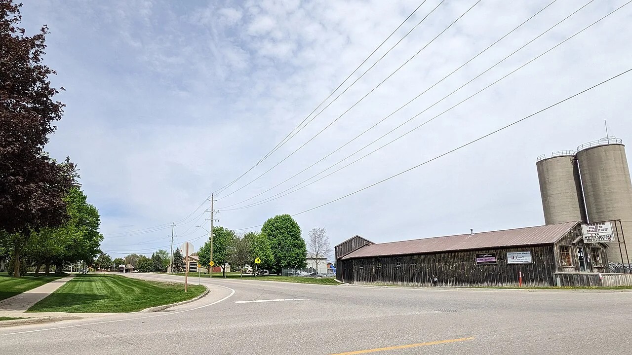 Innerkip village streetscape with the Corner Farm Market and grain silos, Ontario