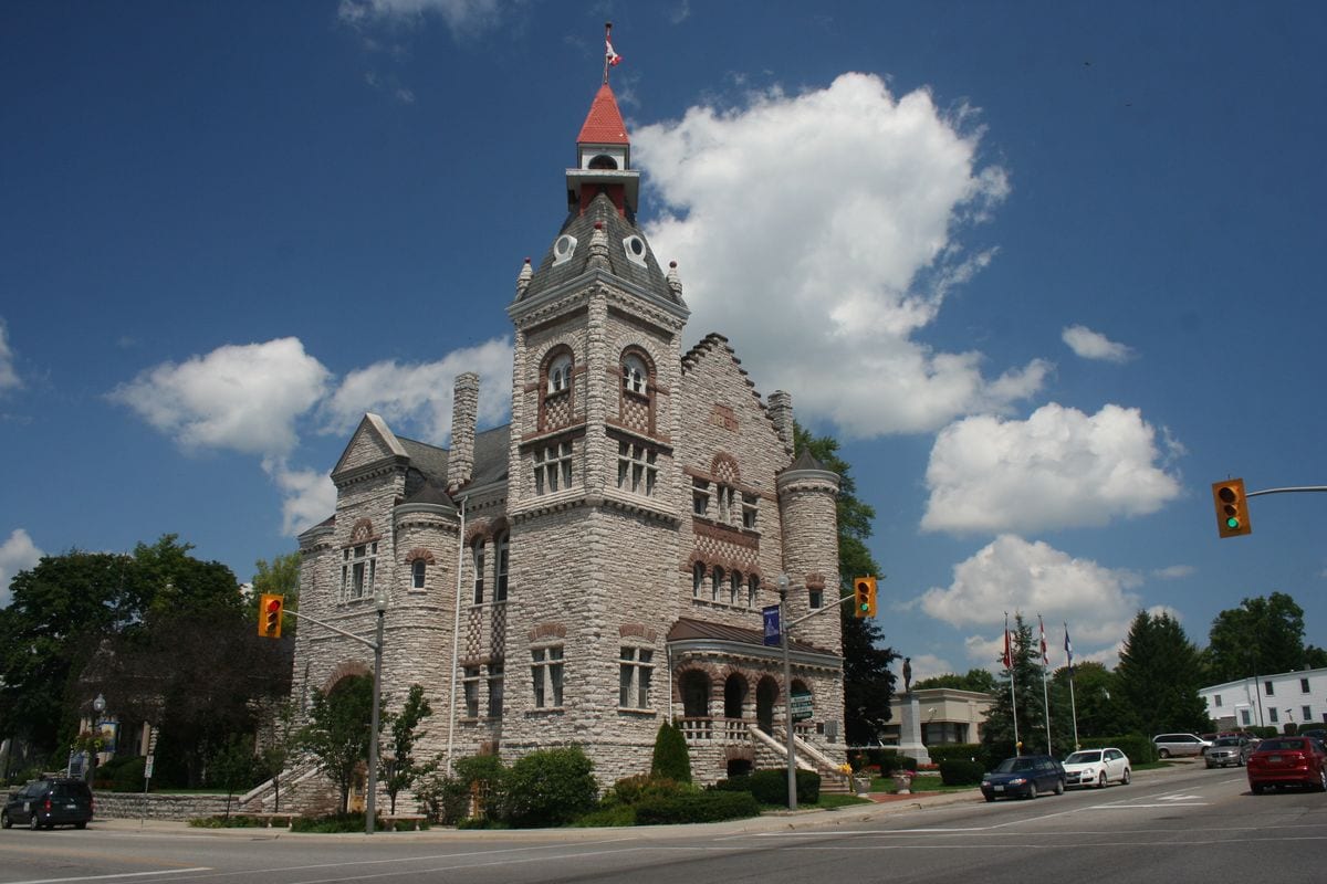Limestone St. Marys Town Hall with its full tower, St. Marys, Ontario