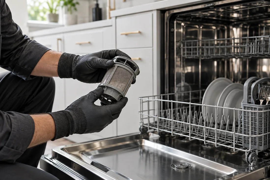 Illustrative image of gloved hands inspecting a dishwasher filter beside an open stainless steel dishwasher