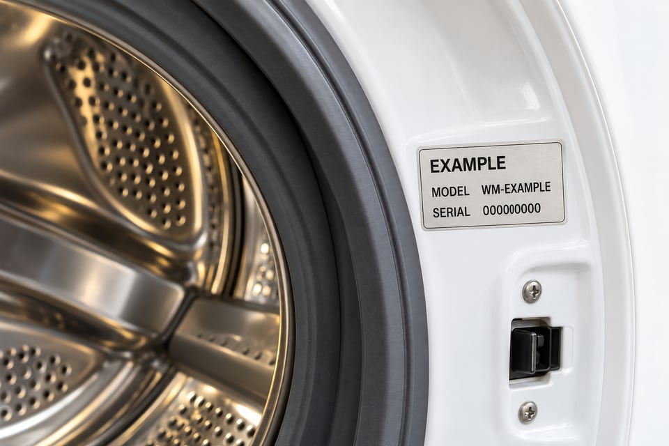 Illustration of an example model and serial label on a washer door frame