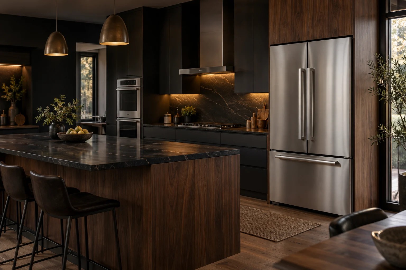 Stainless steel refrigerator and built-in oven in a modern residential kitchen