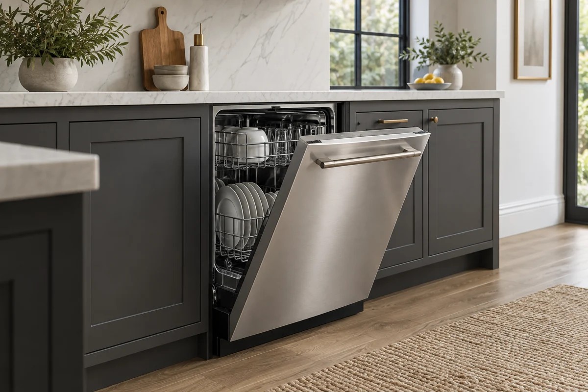 Open built-in dishwasher with racks visible in a fitted kitchen
