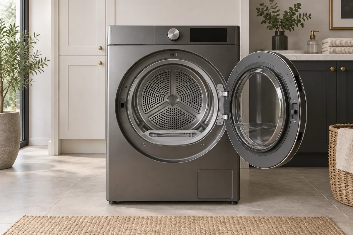 Stainless steel dryer in a laundry room