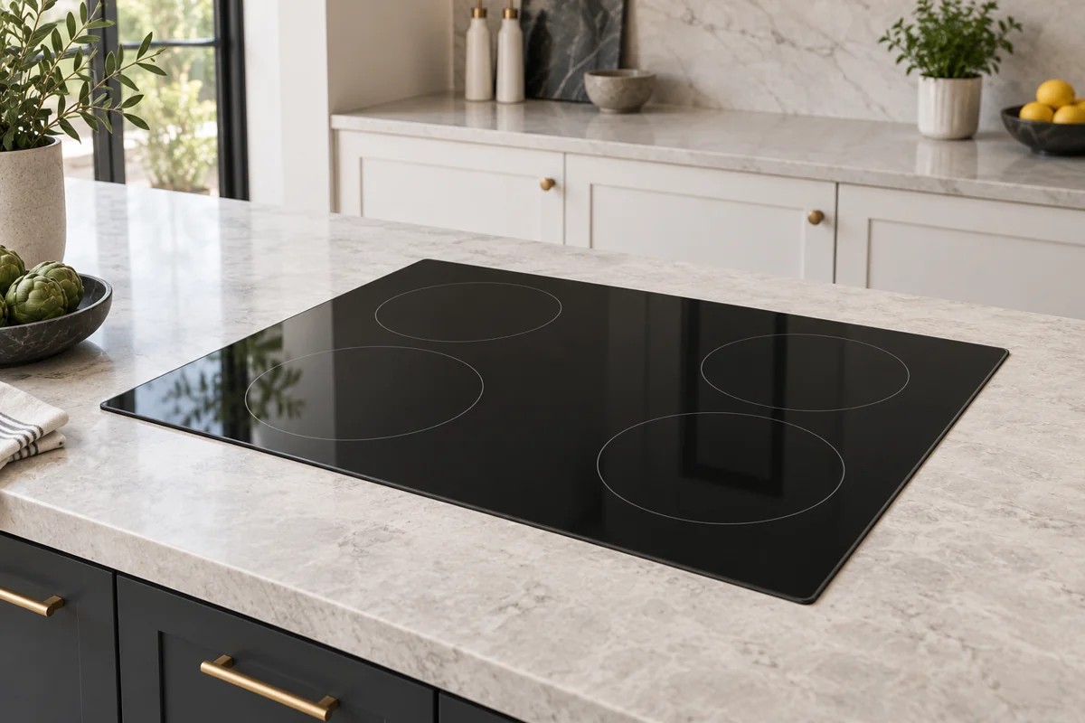 Black glass electric cooktop in a kitchen