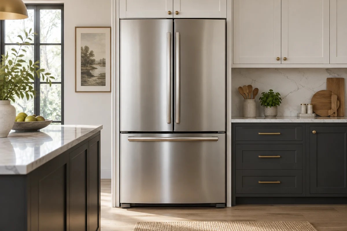 Stainless steel French-door refrigerator with a bottom freezer