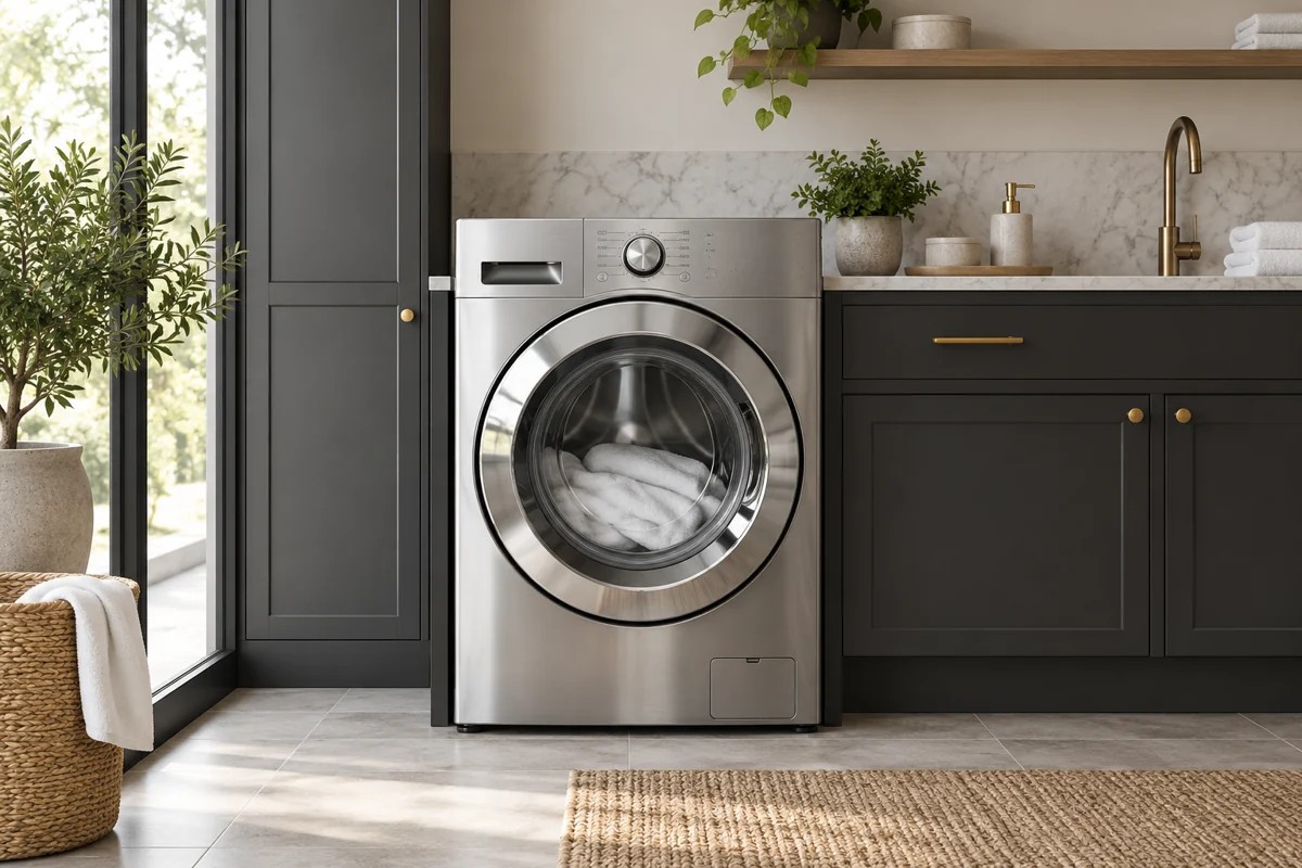 Front-loading washer installed in a bright laundry room